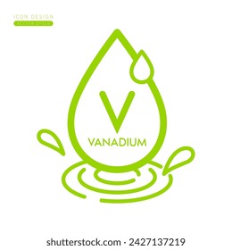 Minerals vanadium icon green. Water drops splashing and waves isolated on white background. Symbol for use on advertising media. Form simple line for designing medical beauty products. Vector.