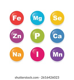 Minerals and Vitamin complex supplement set. Medical concept. Isolated on a white background 3D Vector. Icons Calcium, Magnesium, Zinc, Iron, Iodine, Manganese, Phosphorus, Selenium.