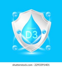 Minerals and vitamins complex protect the body stay healthy. Vitamin D3 blue drop inside aluminum silver shield with atom surround. For nutrition products food. Vector EPS10 illustration.