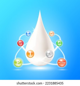 Minerals vitamins complex and protein in milk. Nutrients ring surrounds the milk droplets. Essential amino acids for body health. Products design supplement food. 3D realistic isolated. Vector EPS10.