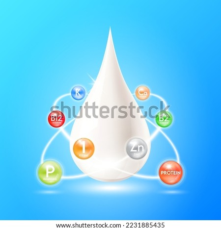 Minerals vitamins complex and protein in milk. Nutrients ring surrounds the milk droplets. Essential amino acids for body health. Products design supplement food. 3D realistic isolated. Vector EPS10.