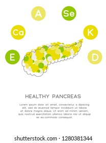 Minerals and vitamins for healthy pancreas. Illustration of vitamins A, E, D, K, Ca, Se in a rounded scheme. Abstract vector banner with the place for your text.