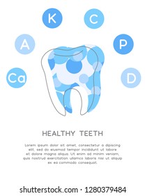 Minerals and vitamins for healthy teeth. Illustration of vitamins Ca, K, C, A, P, D in a rounded scheme. Abstract vector banner with the place for your text.