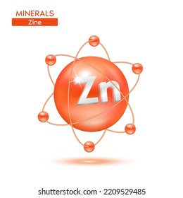 Minerals zinc atom surrounded by electrons orange. Icon 3D isolated on a white background. Medical scientific concepts. 3D Vector EPS10 illustration.