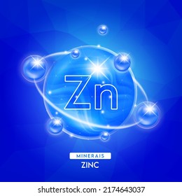 Minerals zinc and vitamins complex for health. Capsule minerals blue for nutrition products food and drug. Scientific research medical concept. Isolated 3D Vector EPS10 illustration.