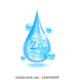 El agua de zinc de los minerales cae en azul y en el complejo de vitaminas. Concepto científico médico y dietético suplementario de la atención de la salud. Aislado sobre fondo blanco. EPS10 vector 3D realista