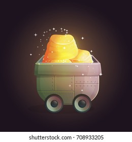Miner's cave tray trolley wheelbarrow filled with sparkling golden ore riches treasure. Illustration for bonus winner, precious gift.