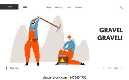 Miners Characters at Work Website Landing Page. Workers in Uniform with Pickaxe and Dynamite Mining Coal or Minerals, Extraction Industry Occupation Web Page. Cartoon Flat Vector Illustration, Banner