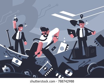 Miners extract crypto currency bitcoins using new technologies. Vector illustration