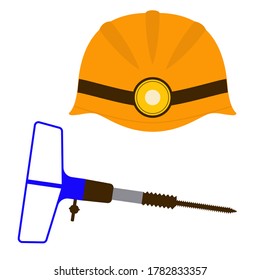 A miner's hardhat and a jackhammer. Isolated vector image on a white background. Clipart