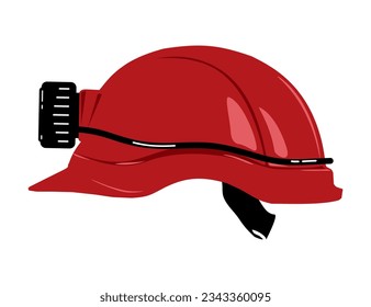 Miner's helmet with a lantern, protective, red on a white background