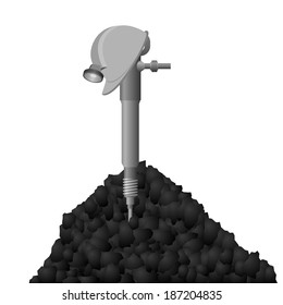 Miners helmet and tools for coal mining. Illustration on white background.
