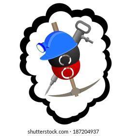 Miners helmet and tools for coal mining. Illustration on white background.