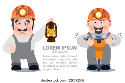 Miners with a jackhammer and a kerosene lamp, infographics