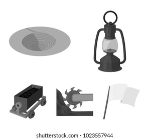 A miner's lamp, a funnel, a mining combine, a trolley with ore.Mining industry set collection icons in monochrome style vector symbol stock illustration web.