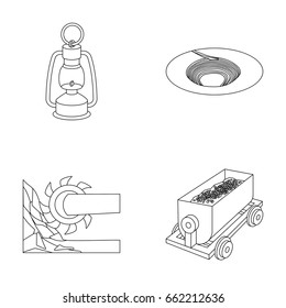A miner's lamp, a funnel, a mining combine, a trolley with ore.Mining industry set collection icons in outline style vector symbol stock illustration web.