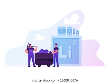 Miners with Pickaxe Stand at Trolley with Lithium Ore for Manufacturing Accumulators and Batteries. Mendeleev Table Chemical Element, Mining Industry, Atomic Power. Cartoon Flat Vector Illustration