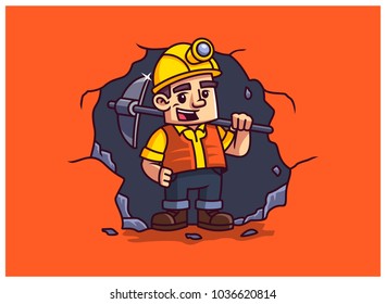 miners posing with a pickaxe on his shoulder and the cave behind. vector illustration.