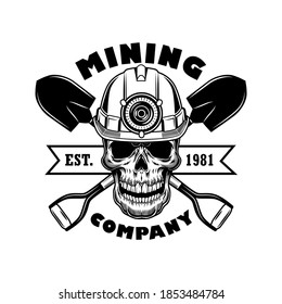 Miners skull vector illustration. Head of skeleton in helmet with torch, crossed shovels and text. Coal mining industry concept for emblems and badges templates