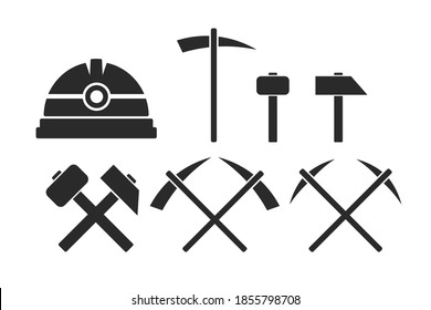 Miners tools. Helmet, hammer, pickaxe. Simple icon set. Flat style element for graphic design. Vector EPS10 illustration