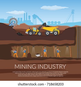 Miners with tools under ground flat composition with industrial equipment on background of plant silhouette vector illustration