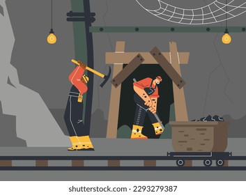 Mineros que utilizan pickaxe y palas extrayendo carbón y minerales subterráneos, ilustración plana vectorial. Trabajadores de la industria minera cavan túneles con equipo profesional.