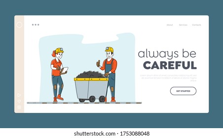 Miners at Work. Extraction Industry Working Occupation Landing Page Template Mine Inspector Character Write Receiving Coal Batch Worker Bring in Trolley from Quarry. Linear People Vector Illustration