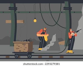 Miners work in underground mine with modern professional industrial equipment, flat vector illustration. Underground coal mine scenery with miners characters.