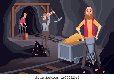 Miners working. mine with treasures. vector cartoon background