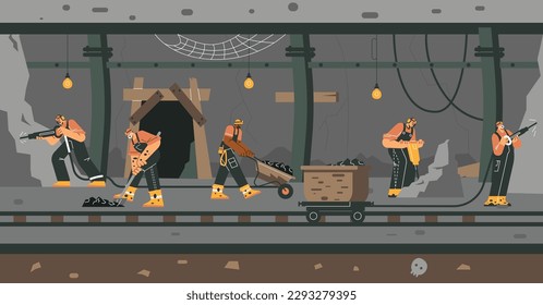 Miners working in underground tunnel extracting minerals, flat vector illustration. Mine industry workers digging coal or chalk. People in uniform using wheelbarrow, shovel and drill.