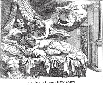 Minerva dispels Penelope's doubts, Minerva appears to Penelope and convinces her that the man next to her in bed is really Odysseus, vintage engraving.