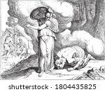 Minerva shows Ithaca to Odysseus, When Odysseus awakens on an island that is strange to him and covered in mist, he meets Minerva, vintage engraving.