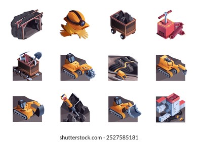 Minery mine web concept of 3d isometric icons set in isometry design. Coal industry equipment, tunnel, helmet, railway cart, shovel, pickaxe, excavator, mining machinery, other. Vector illustration.
