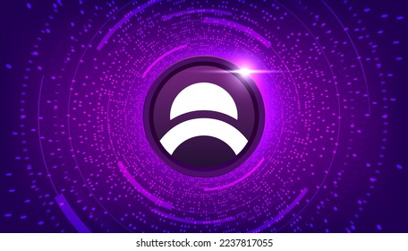 Mines of Dalarnia (DAR) coin crypto currency themed banner. DAR icon on modern purple color background.