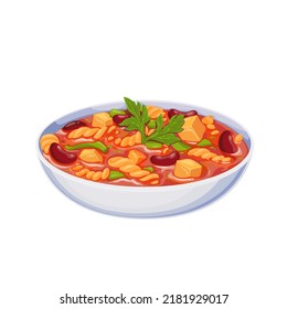 Minestrone, Italian food vector illustration. Cartoon isolated glass bowl with pasta, beans and vegetables, cheese and tomatoes in homemade thick soup, gourmet minestrone dish in cuisine of Italy