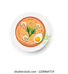 Minestrone, italian vegetable and mushroom soup with pasta isolated on white background. Top view. Italian Spaghetti Soup with Egg, Greens and Mushroom Icon