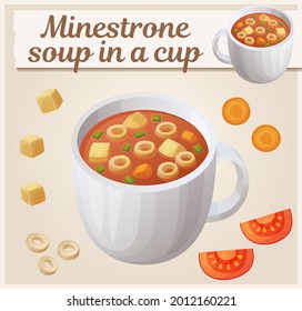 Minestrone soup in a cup vector illustration. Tomato soup in a mug cartoon icon. Healthy vegetarian meal