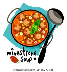 Minestrone soup. National italian plate. Vector isolated illustration.