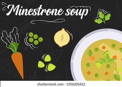 Minestrone soup recipe. Cooking soup with ingredients. Flat style illustration. Vector illustration.