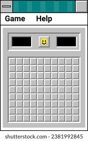 Interfaz de juego de minesweeper para sistemas operativos antiguos. Ventana aislada con bloques ocultos, número de intentos y cara sonriente. Entretenimiento y relajarte en un ordenador personal en los años 90. Vector de estilo plano