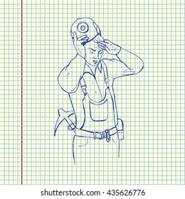Mine-worker hard working. Hand drawn vector stock illustration. Sheet ball pen drawing