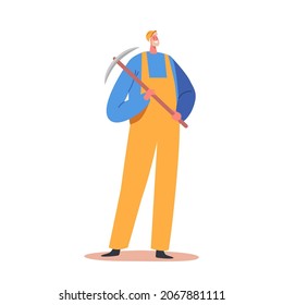 Trabajador de minas con uniforme y casco con paquí en las manos, mina de carbón en cantera, personaje menor en el trabajo. La profesión de la industria de la extracción, la ocupación laboral. Ilustración de vectores de personas de caricatura