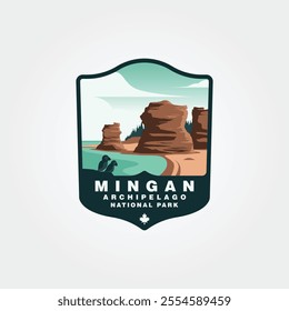 Mingan Archipelago National Park Reserve vintage logo vector illustration design, puffin couple silhouette