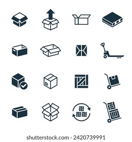 Mini 16 iconos sobre fondo blanco. negocio de servicios de entrega en línea. Contenedor de paquetes, cajas de embalaje, diseño web para aplicaciones.