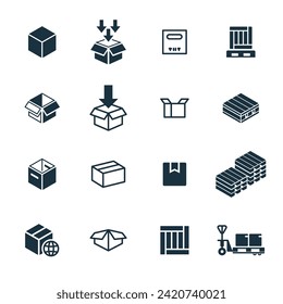 Mini 16 icons set on white background. online delivery service business. Parcel container, packaging boxes, web design for applications.