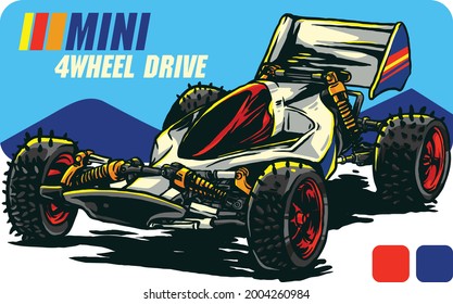 mini 4WD car illustration for t-shirt and merchandise design poster