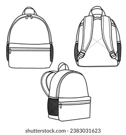 Mini backpack with front and back views. Flat sketch vector illustration technical drawing template.