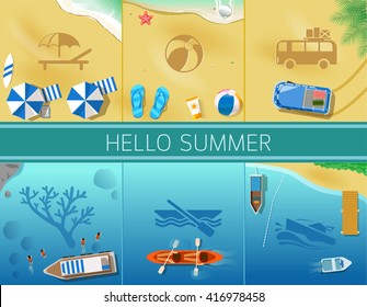 Mini Banner Background Concept Design.Summer vacation flat top view Sea side and beach items.Illustrated description for icons.