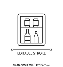 Mini Bar Linear Icon. Small Refrigerator In Hotel Room Or Cruise Ship Stateroom. Thin Line Customizable Illustration. Contour Symbol. Vector Isolated Outline Drawing. Editable Stroke