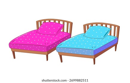 Mini Beds Vector Design, Cartoon Children Beds Illustration, Pink, Blue, Cute, Vector Design